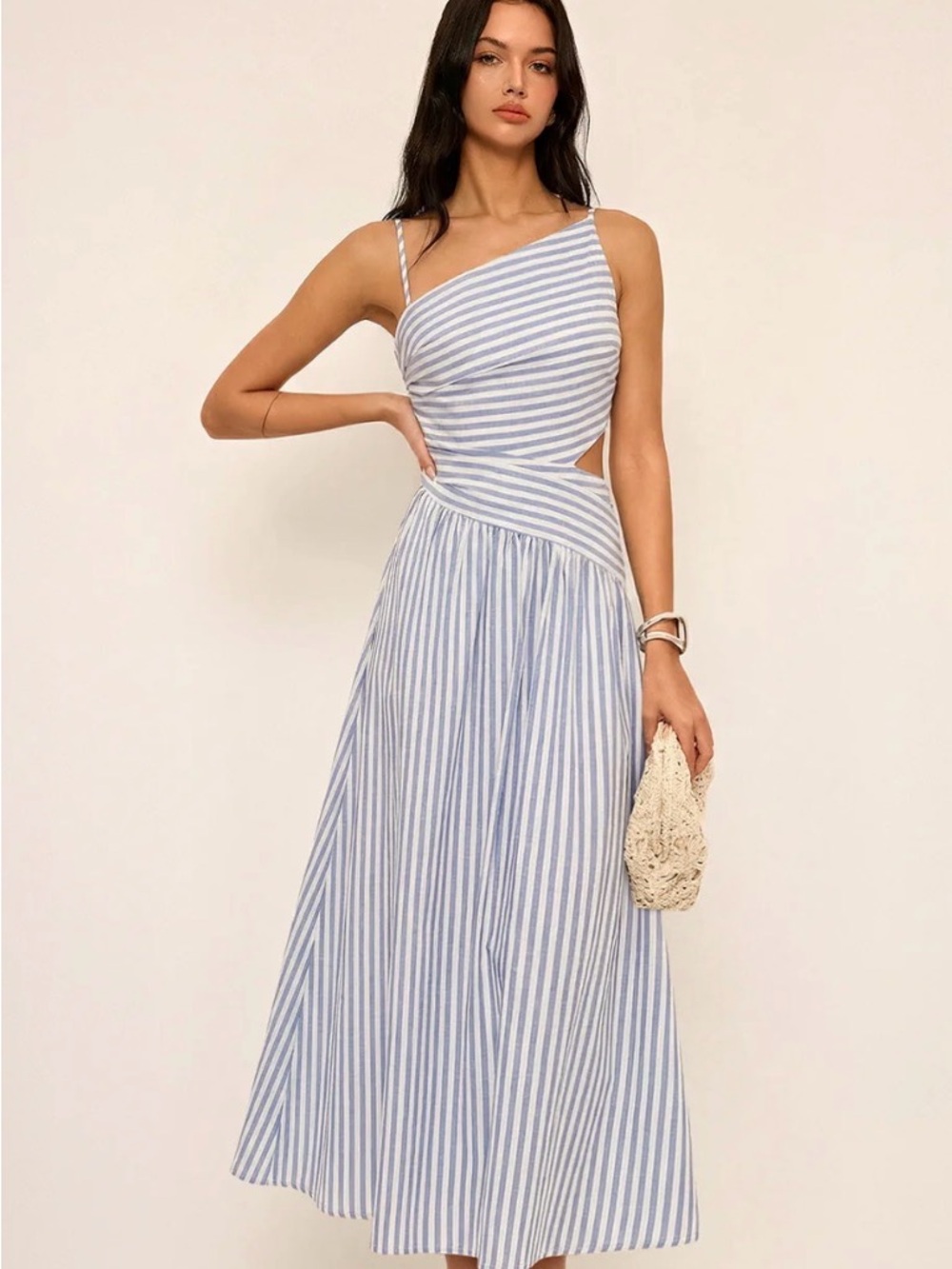 Striped Asymmetric Cut-Out Blue & White Cami Maxi Dress